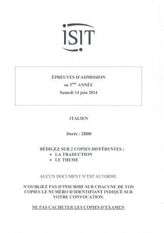 ISIT - Préparer les épreuves d'admission avec les annales 2014 : Italien 3ème année 