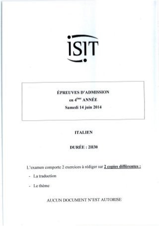 ISIT - Préparer les épreuves d'admission avec les annales 2014 : Italien 4ème année 
