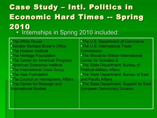 Case Study – Intl. Politics in Economic Hard Times -- Spring 2010 The White House Senator Barbara Boxer’s Office The Hudson Institute The Heritage Foundation The Center for American Progress American Enterprise Institute The International Crisis Group The Asia Foundation The Council on Hemispheric Affairs The Center for Strategic and International Studies The U.S. Department of Commerce The U.S. International Trade Commission The Woodrow Wilson International Center for Scholars &  The State Department: Bureau of Political-Military Affairs The State Department: Bureau of East and Pacific Affairs The State Department: Support for East European Democracy Division 