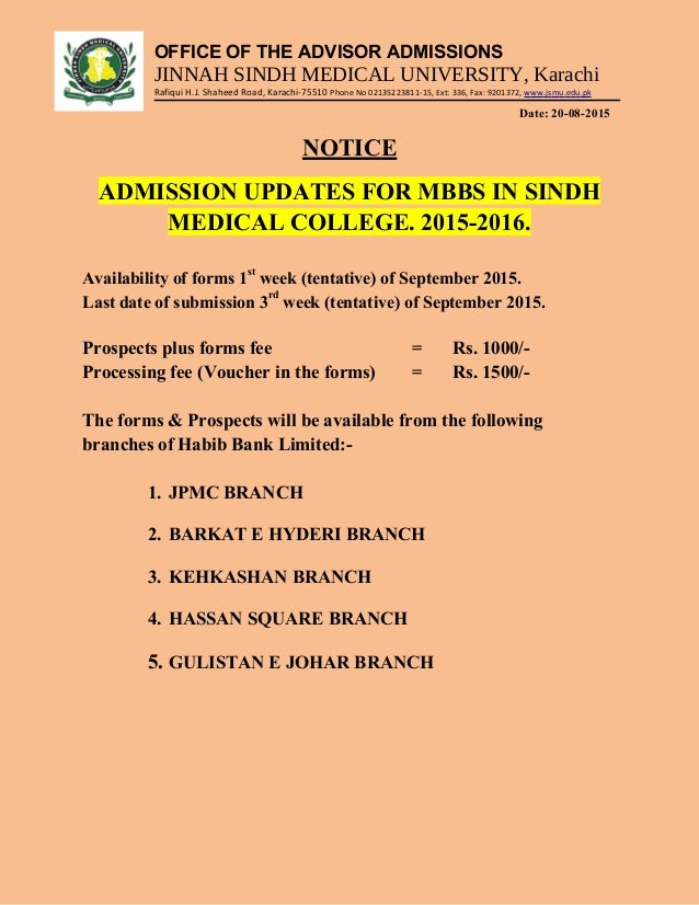 Admission Updates For Mbbs In Sindh Medical College