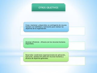 OTROS OBJETIVOS 
Crear, mantener y desarrollar un contingente de recurso 
humano con habilidad y motivación para realizar los 
objetivos de la organización. 
Alcanzar eficiencia eficacia con los recursos humanos 
disponibles. 
Desarrollar condiciones organizacionales de aplicación, 
ejecución, satisfacción plena de recursos humanos y 
alcance de objetivos generales. 
 