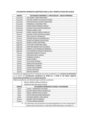 ESTUDIANTES ASPIRANTES ADMITIDOS PARA EL 2015- PRIMER LISTADO NOV.8/2014. 
GRADO ESTUDIANTE ASPIRANTE A PRE-ESCOLAR - BASICA PRIMARIA. 
Transición ISAI DANIEL CAÑA SINESTERRA 
Transición VALERIE JOHANA VILLANUEVA BILBAO 
Transición CRISTIAN DAVID JOLEANY MARCHENA 
Transición EMMANUEL CARCAMO YEPEZ 
Transición CHRISTHOPER ROMERO VARGAS 
Transición KEYNER STEVEN CASTRO MANCILLA 
Transición DANILO JAIMES LEON 
Transición HENRY JUNIOR CARRILLO ANGULO 
Primero BLEIDER STIVEN CASTRO OLIVARES 
Primero DIER JEAN JACL MONSALVO 
Primero ANTONY REALES SCHOONEWOLFF 
Primero KEINER ALEJANDRO ROJAS RADA 
Segundo DANIELA CAÑA SINESTERRA 
Segundo ELKIS SMITH MARTINEZ ARIZA 
Segundo CRISTIAN ANDRES POLO VALENCIA 
Segundo DANNA LUCIA RODRIGUEZ BARRAZA 
Segundo LIVIS SAMANTA SANCHEZ RODRIGUEZ 
Tercero SANTIAGO ARRIETA PITALUA 
Tercero SANTIAGO REYES GARCIA 
Cuarto HOMERO CASTRO C 
Cuarto MATEO PEÑA S 
Cuarto FELIX PAEZ ESTRADA 
Quinto DANILO MILLAN ROJAS 
Quinto MARIANGEL ESMERAL 
Quinto JOHAN YESID JIMENEZ 
Quinto KELVIN CASTRO M 
Quinto NATALIA INFANTE 
El proceso de legalización de la matrícula para estos estudiantes es el primero de Diciembre 
en la oficina de Coordinación Académica de 10:00 am. a 12:00 m. No deben registrar 
documentos pendientes en su carpeta personal. 
Deben presentarse a la institución para culminar su proceso: 
· MICHEL MARIA CARRILLO ANGULO. 
· YOREANYS MELISSA REALES MEJIA. 
GRADO ESTUDIANTE ASPIRANTES A BASICA SECUNDARIA 
Sexto JUAN C. HERNANDEZ SALTARIN 
Sexto BLEIDYS MARIA ARDILA MONTALVO 
Sexto RAFAEL ANDRES POLO DUARTE 
Sexto JOSTIN DAVID BELEÑO MACKENZIE 
Sexto HOLMAN ANDRES LARA GARCIA 
Octavo KENDRY CORTEZ RAMIREZ 
Octavo STEVEN ARENAS MERIÑO 
· Los aspirantes que presentaron la prueba diagnóstica y no han continuado el 
proceso favor presentarse el miércoles 26 de Noviembre a las 8:00 a.m. 
 