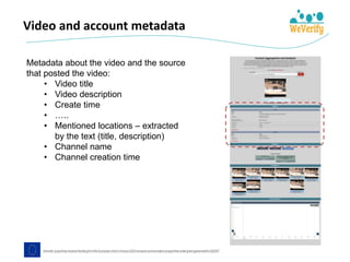 Video and account metadata
Metadata about the video and the source
that posted the video:
• Video title
• Video description
• Create time
• …..
• Mentioned locations – extracted
by the text (title, description)
• Channel name
• Channel creation time
 