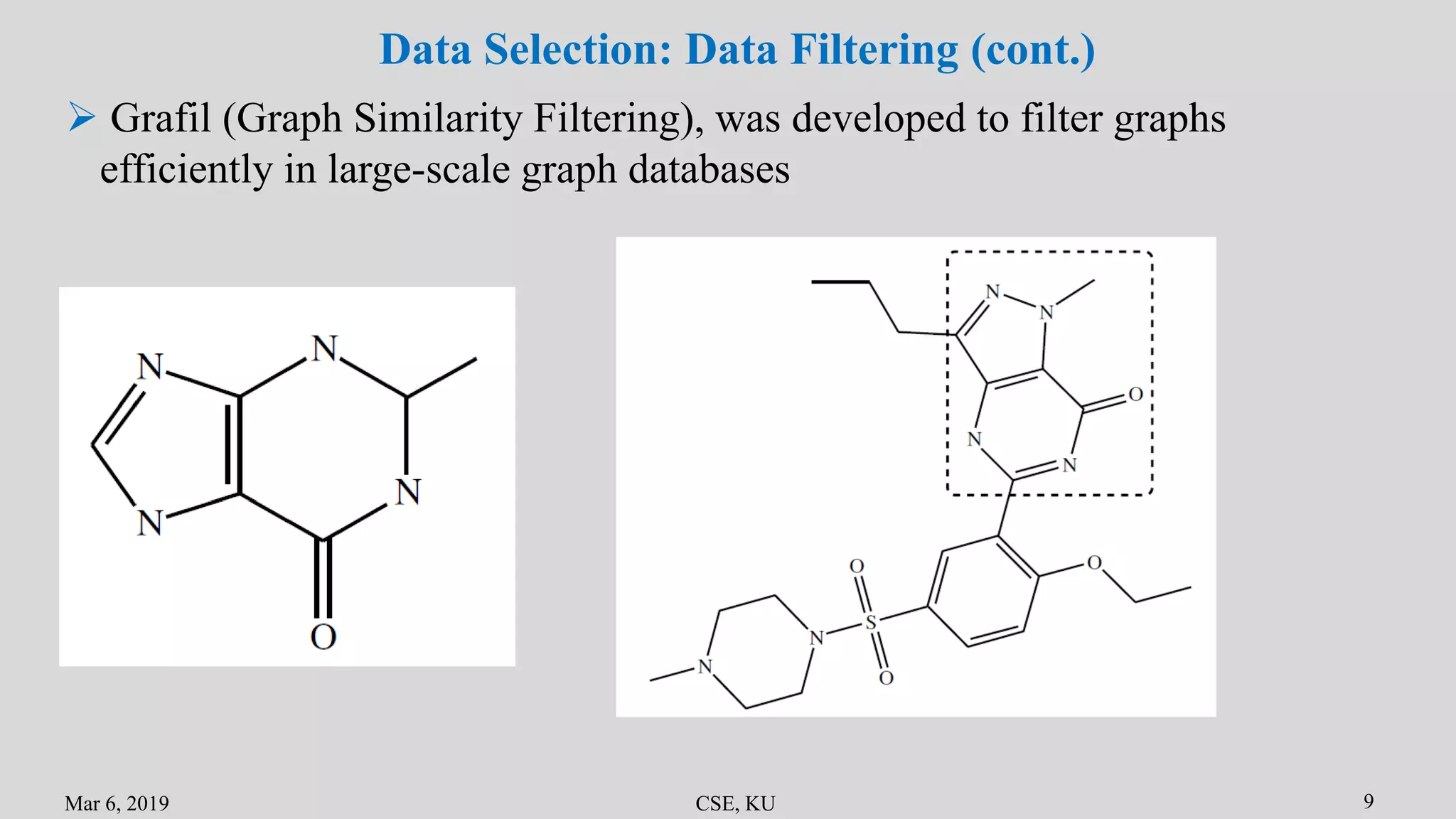 Mar 6, 2019 CSE, KU 9
Data Selection: Data Filtering (cont.)
 Grafil (Graph Similarity Filtering), was developed to filter graphs
efficiently in large-scale graph databases
 
