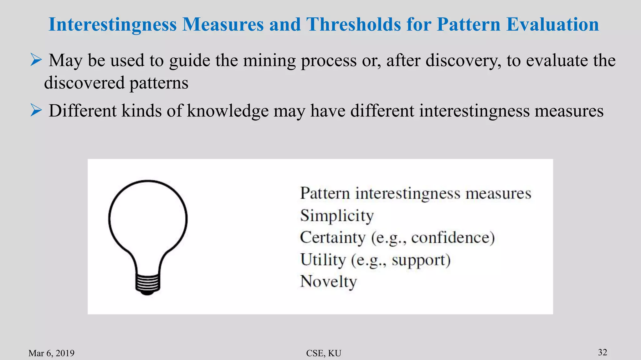 Mar 6, 2019 CSE, KU 32
Interestingness Measures and Thresholds for Pattern Evaluation
 May be used to guide the mining process or, after discovery, to evaluate the
discovered patterns
 Different kinds of knowledge may have different interestingness measures
 