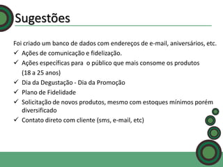 Sugestões
Foi criado um banco de dados com endereços de e-mail, aniversários, etc.
 Ações de comunicação e fidelização.
 Ações específicas para o público que mais consome os produtos
(18 a 25 anos)
 Dia da Degustação - Dia da Promoção
 Plano de Fidelidade
 Solicitação de novos produtos, mesmo com estoques mínimos porém
diversificado
 Contato direto com cliente (sms, e-mail, etc)

 