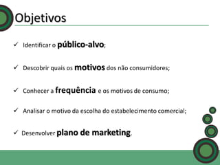 Objetivos
 Identificar o público-alvo;
 Descobrir quais os motivos dos não consumidores;

 Conhecer a frequência e os motivos de consumo;
 Analisar o motivo da escolha do estabelecimento comercial;
 Desenvolver plano de

marketing.

 