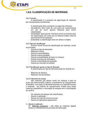23 
1.6.0. CLASSIFICAÇÃO DE MATERIAIS 
1.6.1 Conceito 
A classificação é o processo de aglutinação de materiais 
por características semelhantes. 
A classificação deve considerar os seguintes atributos: 
- abrangência: deve tratar de uma gama de características 
em vez de reunir apenas materiais para serem 
classificados; 
- flexibilidade: deve permitir interfaces entre os diversos tipos 
de classificação, de modo que se obtenha ampla visão do 
gerenciamento de estoques; 
- praticidade: a classificação deve ser direta e simples. 
1.6.2 Tipos de classificação 
Existem várias formas de classificação de materiais, sendo 
as principais: 
- Quanto ao tipo de demanda; 
- Materiais críticos; 
- Quanto a perecibilidade; 
- Quanto à periculosidade; 
- Quanto à possibilidade de fazer ou comprar; 
- Quanto aos tipos de estocagem; 
- Quanto a dificuldade de aquisição; 
- Quanto ao mercado fornecedor. 
1.6.3 Classificação quanto ao tipo de demanda 
A classificação por tipo de demanda pode ser dividida em: 
- Materiais de estoque; 
- Materiais não de estoque. 
1.6.3.1 Materiais de estoque 
São materiais que devem existir em estoque e para os 
quais são determinados critérios e parâmetros de ressuprimento 
automático, com base na demanda prevista e na importância para 
a empresa. Os critérios de ressuprimento fixados para esses 
materiais possibilitam a renovação do estoque sem a participação 
do usuário. 
Os materiais de estoque são classificados: 
- Quanto à aplicação; 
- Quanto ao valor do consumo anual; 
- Quanto à importância operacional. 
A - Quanto à aplicação 
A1. Materiais produtivos – são todos os materiais ligados 
direta ou indiretamente ao processo de fabricação; 
 