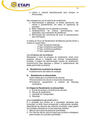 53 
h. Liberar o material desembaraçado para estoque no 
Almoxarifado. 
São vantagens do uso do sistema de recebimento: 
a. Racionalização e agilização, no âmbito operacional, das 
rotinas e procedimentos, em todos os segmentos do 
processo; 
b. Maior integração com os sistemas envolvidos; 
c. Estabelecimento de critérios administrativos mais 
adequados, para tratamento de pendências; 
d. Minimização das ocorrências de erros no processamento 
das informações. 
A análise do Fluxo de Recebimento de Materiais permite dividir a 
função em quatro fases: 
- 1ª fase: entrada de materiais; 
- 2ª fase: conferência quantitativa; 
- 3ª fase: conferência qualitativa; 
- 4ª fase: regularização. 
2.9.1 ENTRADA DE MATERIAIS 
Representa o início do processo de recebimento, tendo como 
propósito efetuar a recepção dos veículos transportadores, 
proceder à triagem da documentação suporte do recebimento, 
encaminha-los para descarga e efetuar o cadastramento dos 
dados pertinentes ao sistema. 
a) Recebimento na portaria da empresa 
• Cadastramento dos dados de recepção. 
b) Recebimento no almoxarifado 
• Está voltada para a conferência de volumes; 
• Posicionamento do veículo no local exato de descarga; 
• Providenciar equipamento e material de descarga 
necessários. 
b1) Etapas do Recebimento no almoxarifado 
a. Exame de avarias e conferência de volumes. 
b. Recusa de recebimento. 
c. Liberação do Transportador. 
d. Descarga. 
2.9.2 CONFERÊNCIA QUANTITATIVA 
É a atividade que verifica se a quantidade declarada pelo 
fornecedor na Nota Fiscal corresponde à efetivamente recebida. 
Dependendo da natureza dos materiais envolvidos, estes podem 
ser contados utilizando-se um dos seguintes métodos: 
1. Manual: para casos de pequenas quantidades. 
2. Por meio de cálculo: para os casos que envolvem embalagens 
padronizadas com grandes quantidades. 
 