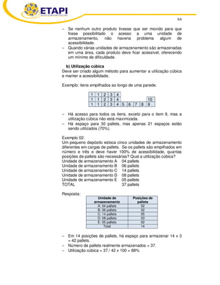 64 
− Se nenhum outro produto tivesse que ser movido para que 
fosse possibilitado o acesso a uma unidade de 
armazenamento, não haveria problema algum de 
acessibilidade. 
− Quando várias unidades de armazenamento são armazenadas 
em uma área, cada produto deve ficar acessível, oferecendo 
um mínimo de dificuldade. 
b) Utilização cúbica 
Deve ser criado algum método para aumentar a utilização cúbica 
e manter a acessibilidade. 
Exemplo: itens empilhados ao longo de uma parede. 
1 1 2 3 4 
1 1 2 3 4 10 
1 1 2 3 4 5 6 7 8 9 
− Há acesso para todos os itens, exceto para o item 9, mas a 
utilização cúbica não está maximizada. 
− Há espaço para 30 pallets, mas apenas 21 espaços estão 
sendo utilizados (70%). 
Exemplo 02: 
Um pequeno depósito estoca cinco unidades de armazenamento 
diferentes em cargas de pallets. Se os pallets são empilhados em 
número e três e deve haver 100% de acessibilidade, quantas 
posições de pallets são necessárias? Qual a utilização cúbica? 
Unidade de armazenamento A 04 pallets 
Unidade de armazenamento B 06 pallets 
Unidade de armazenamento C 14 pallets 
Unidade de armazenamento D 08 pallets 
Unidade de armazenamento E 05 pallets 
TOTAL 37 pallets 
Resposta: 
Unidade de 
armazenamento 
Posições de 
pallets 
A: 04 pallets 02 
B: 06 pallets 02 
C: 14 pallets 05 
D: 08 pallets 03 
E: 05 pallets 02 
Total 14 
− Em 14 posições de pallets, há espaço para armazenar 14 x 3 
= 42 pallets. 
− Número de pallets realmente armazenados = 37. 
− Utilização cúbica = 37 / 42 x 100 = 88% 
 