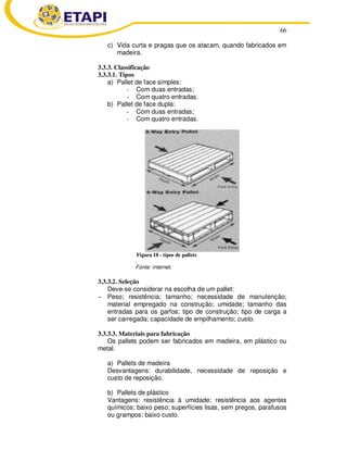 66 
c) Vida curta e pragas que os atacam, quando fabricados em 
madeira. 
3.3.3. Classificação 
3.3.3.1. Tipos 
a) Pallet de face simples: 
- Com duas entradas; 
- Com quatro entradas. 
b) Pallet de face dupla: 
- Com duas entradas; 
- Com quatro entradas. 
Figura 18 - tipos de pallets 
. 
Fonte: internet. 
3.3.3.2. Seleção 
Deve-se considerar na escolha de um pallet: 
− Peso; resistência; tamanho; necessidade de manutenção; 
material empregado na construção; umidade; tamanho das 
entradas para os garfos; tipo de construção; tipo de carga a 
ser carregada; capacidade de empilhamento; custo. 
3.3.3.3. Materiais para fabricação 
Os pallets podem ser fabricados em madeira, em plástico ou 
metal. 
a) Pallets de madeira 
Desvantagens: durabilidade, necessidade de reposição e 
custo de reposição. 
b) Pallets de plástico 
Vantagens: resistência à umidade; resistência aos agentes 
químicos; baixo peso; superfícies lisas, sem pregos, parafusos 
ou grampos; baixo custo. 
 