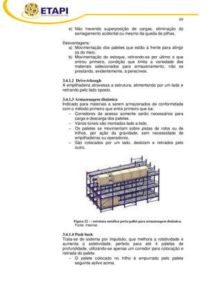 69 
e) Não havendo superposição de cargas, eliminação do 
esmagamento acidental ou mesmo da queda de pilhas. 
Desvantagens: 
a) Movimentação dos paletes que estão à frente para atingir 
os do meio. 
b) Movimentação do estoque, retirando-se por último o que 
entrou primeiro, condição que limita a variedade dos 
materiais selecionados para armazenamento, não se 
prestando, evidentemente, a perecíveis. 
3.4.1.2 Drive-trhough 
A empilhadeira atravessa a estrutura, alimentando por um lado e 
retirando pelo lado oposto. 
3.4.1.3 Armazenagem dinâmica 
Indicado para materiais a serem armazenados de conformidade 
com o método primeiro que entra primeiro que sai. 
− Corredores de acesso somente serão necessários para 
carga e descarga dos paletes. 
− Vários túneis são montados lado a lado. 
− Os paletes se movimentam sobre pistas de rolos ou de 
trilhos, por ação da gravidade, sem necessidade de 
empilhadeiras ou operadores. 
− São colocados por um lado, deslizam e retirados pelo 
outro. 
Figura 22 - : estrutura metálica porta-pallet para armazenagem dinâmica. 
Fonte: Internet. 
3.4.1.4 Push back 
Trata-se de sistema por impulsão, que melhora a rotatividade e 
aumenta a seletividade, perfeito para até 4 paletes de 
profundidade, utilizando-se apenas um corredor para colocação e 
retirada do palete. 
− O palete colocado no trilho é empurrado pelo palete 
seguinte aclive acima. 
 
