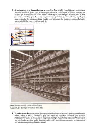 3. Armazenagem pelo sistema flow rack: o modelo flow rack foi concebido para materiais de
pequeno volume e peso, cuja armazenagem dispensa a utilização de palete. Trata-se de
sistema que atende materiais de até no máximo 80 kg/m, indicado para a utilização do FIFO,
por meio de trilhos apoiados sobre longarinas que permitem ajustar a altura e regulagem
para inclinação. Os materiais são carregados pelo lado mais alto e descarregados pela frente,
permitindo fácil acesso e rápida reposição.
4. Estrutura cantilever: estrutura típica para armazenagem de peças de grande comprimento,
barras, tubos e perfis, constituída por uma série de cavaletes, formados por colunas
perfuradas nas quais se encaixam os braços em balanço, cuja altura é regulável. Os cavaletes
são interligados por intermédio de distanciadores. Os materiais armazenados nessa estrutura
são manuseados por empilhadeira lateral.
 