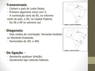 •Transversais: 
•Cortam o país de Leste-Oeste; 
•Primeiro algarismo inicia com 2; 
•A numeração varia de 00, no extremo 
norte do país, a 50, na Capital Federal; 
•De 50 a 99 no extremo sul. 
•Diagonais: 
•Dois modos de orientação: Noroeste-Sudeste 
ou Nordeste-Sudoeste; 
•Numeradas de 301 a 400. 
•De ligação – 
•Apresenta qualquer direção; 
•Geralmente liga rodovias federais. 
 