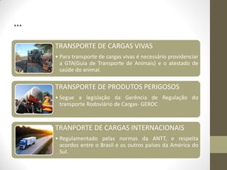 ... 
TRANSPORTE DE CARGAS VIVAS 
•Para transporte de cargas vivas é necessário providenciar a GTA(Guia de Transporte de Animais) e o atestado de saúde do animal. 
TRANSPORTE DE PRODUTOS PERIGOSOS 
•Segue a legislação da Gerência de Regulação do transporte Rodoviário de Cargas- GEROC 
TRANPORTE DE CARGAS INTERNACIONAIS 
•Regulamentado pelas normas da ANTT, e respeita acordos entre o Brasil e os outros países da América do Sul.  