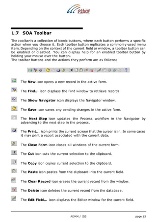 ADMM / IDS page 15 
1.7 SOA Toolbar 
The toolbar is a collection of iconic buttons, where each button performs a specific 
action when you choose it. Each toolbar button replicates a commonly-used menu 
item. Depending on the context of the current field or window, a toolbar button can 
be enabled or disabled. You can display help for an enabled toolbar button by 
holding your mouse over the button. 
The toolbar buttons and the actions they perform are as follows: 
The New icon opens a new record in the active form. 
The Find... icon displays the Find window to retrieve records. 
The Show Navigator icon displays the Navigator window. 
The Save icon saves any pending changes in the active form. 
The Next Step icon updates the Process workflow in the Navigator by 
advancing to the next step in the process. 
The Print... icon prints the current screen that the cursor is in. In some cases 
it may print a report associated with the current data. 
The Close Form icon closes all windows of the current form. 
The Cut icon cuts the current selection to the clipboard. 
The Copy icon copies current selection to the clipboard. 
The Paste icon pastes from the clipboard into the current field. 
The Clear Record icon erases the current record from the window. 
The Delete icon deletes the current record from the database. 
The Edit Field... icon displays the Editor window for the current field. 
 