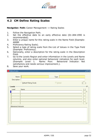 4.2 CM Define Rating Scales 
Navigation Path: Career Management -> Rating Scales 
1. Follow the Navigation Path. 
2. Set the effective date to an early effective date (01-JAN-1990 is 
ADMM / IDS page 52 
recommended). 
3. Enter a unique name for this rating scale in the Name Field (Example: 
ADMM 
4. Proficiency Rating Scale). 
5. Select a type of rating scale from the List of Values in the Type Field 
(Example: Proficiency). 
6. Optionally, enter a description for the rating scale in the Description 
Field. 
7. Go to the Levels Region and enter information in the Levels and Name 
columns, and also enter optional behavioral indicators for each level. 
(Example: Level: 1. Name: Poor. Behavioral Indicator: Not 
satisfactory and needs serious improvement.). 
8. Save your work. 
 