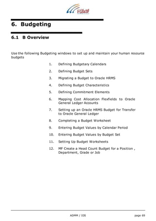 ADMM / IDS page 69 
6. Budgeting 
6.1 B Overview 
Use the following Budgeting windows to set up and maintain your human resource 
budgets 
1. Defining Budgetary Calendars 
2. Defining Budget Sets 
3. Migrating a Budget to Oracle HRMS 
4. Defining Budget Characteristics 
5. Defining Commitment Elements 
6. Mapping Cost Allocation Flexfields to Oracle 
General Ledger Accounts 
7. Setting up an Oracle HRMS Budget for Transfer 
to Oracle General Ledger 
8. Completing a Budget Worksheet 
9. Entering Budget Values by Calendar Period 
10. Entering Budget Values by Budget Set 
11. Setting Up Budget Worksheets 
12. MF Create a Head Count Budget for a Position , 
Department, Grade or Job 
 