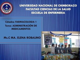 Cátedra: FARMACOLOGIA 1
Tema: ADMINISTRACIÓN DE
MEDICAMENTOS

Ms.C MA. ELENA ROBALINO

 