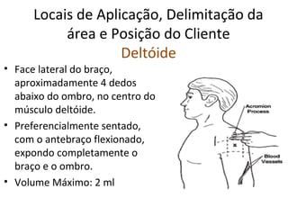 Locais de Aplicação, Delimitação da
área e Posição do Cliente
Deltóide
• Face lateral do braço,
aproximadamente 4 dedos
abaixo do ombro, no centro do
músculo deltóide.
• Preferencialmente sentado,
com o antebraço flexionado,
expondo completamente o
braço e o ombro.
• Volume Máximo: 2 ml
 