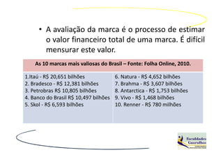 • A avaliação da marca é o processo de estimar
       o valor financeiro total de uma marca. É difícil
       mensurar este valor.
    As 10 marcas mais valiosas do Brasil – Fonte: Folha Online, 2010.

1.Itaú - R$ 20,651 bilhões             6. Natura - R$ 4,652 bilhões
2. Bradesco - R$ 12,381 bilhões        7. Brahma - R$ 3,607 bilhões
3. Petrobras R$ 10,805 bilhões         8. Antarctica - R$ 1,753 bilhões
4. Banco do Brasil R$ 10,497 bilhões   9. Vivo - R$ 1,468 bilhões
5. Skol - R$ 6,593 bilhões             10. Renner - R$ 780 milhões
 
