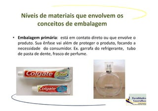 Níveis de materiais que envolvem os
          conceitos de embalagem
• Embalagem primária: está em contato direto ou que envolve o
  produto. Sua ênfase vai além de proteger o produto, focando a
  necessidade do consumidor. Ex. garrafa do refrigerante, tubo
  de pasta de dente, frasco de perfume.
 