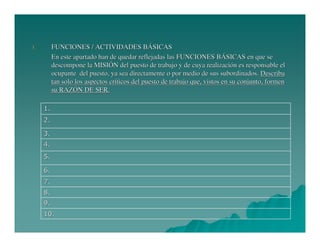 FUNCIONES / ACTIVIDADES BÁSICAS
En este apartado han de quedar reflejadas las FUNCIONES BÁSICAS en que se
descompone la MISIÓN del puesto de trabajo y de cuya realización es responsable el
ocupante del puesto, ya sea directamente o por medio de sus subordinados. Describa
tan solo los aspectos críticos del puesto de trabajo que, vistos en su conjunto, formen
su RAZÓN DE SER.

3.

1.
2.
3.
4.
5.
6.
7.
8.
9.
10.

 