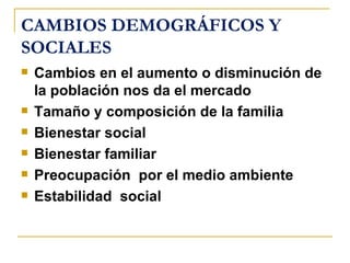 CAMBIOS DEMOGRÁFICOS Y
SOCIALES
   Cambios en el aumento o disminución de
    la población nos da el mercado
   Tamaño y composición de la familia
   Bienestar social
   Bienestar familiar
   Preocupación por el medio ambiente
   Estabilidad social
 