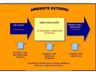ORGANIZACIÓN
RECURSOS                                     PRODUCTOS Y
                                               SERVICIOS
ENTRADAS                                        SALIDAS
                  ACTIVIDADES Y PROCESOS
                         INTERNOS




ENFOQUE POR
                       ENFOQUE POR           ENFOQUE POR
RECURSOS DEL
                         PROCESOS              OBJETIVOS
   SISTEMA
                         INTERNOS

           ENFOQUES TRADICIONALES PARA MEDIR LA
                EFICACIA ORGANIZACIONAL
 