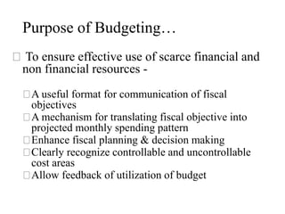 Purpose of Budgeting…
� To ensure effective use of scarce financial and
non financial resources -
�A useful format for com...