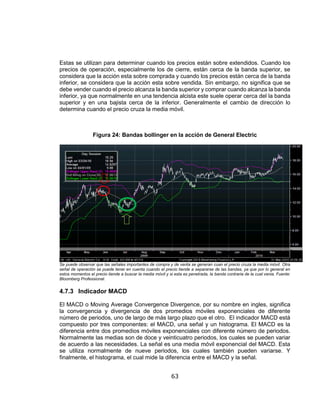63
Estas se utilizan para determinar cuando los precios están sobre extendidos. Cuando los
precios de operación, especialmente los de cierre, están cerca de la banda superior, se
considera que la acción esta sobre comprada y cuando los precios están cerca de la banda
inferior, se considera que la acción esta sobre vendida. Sin embargo, no significa que se
debe vender cuando el precio alcanza la banda superior y comprar cuando alcanza la banda
inferior, ya que normalmente en una tendencia alcista este suele operar cerca del la banda
superior y en una bajista cerca de la inferior. Generalmente el cambio de dirección lo
determina cuando el precio cruza la media móvil.
Figura 24: Bandas bollinger en la acción de General Electric
Se puede observar que las señales importantes de compra y de venta se generan cuan el precio cruza la media móvil. Otra
señal de operación se puede tener en cuenta cuando el precio tiende a separarse de las bandas, ya que por lo general en
estos momentos el precio tiende a buscar la media móvil y si esta es penetrada, la banda contraria de la cual venia. Fuente:
Bloomberg Professional.
4.7.3 Indicador MACD
El MACD o Moving Average Convergence Divergence, por su nombre en ingles, significa
la convergencia y divergencia de dos promedios móviles exponenciales de diferente
número de periodos, uno de largo de más largo plazo que el otro. El indicador MACD está
compuesto por tres componentes: el MACD, una señal y un histograma. El MACD es la
diferencia entre dos promedios móviles exponenciales con diferente número de periodos.
Normalmente las medias son de doce y veinticuatro periodos, los cuales se pueden variar
de acuerdo a las necesidades. La señal es una media móvil exponencial del MACD. Esta
se utiliza normalmente de nueve periodos, los cuales también pueden variarse. Y
finalmente, el histograma, el cual mide la diferencia entre el MACD y la señal.
 