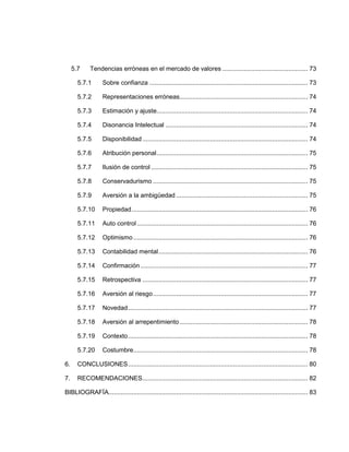 5.7 Tendencias erróneas en el mercado de valores ................................................ 73
5.7.1 Sobre confianza ......................................................................................... 73
5.7.2 Representaciones erróneas........................................................................ 74
5.7.3 Estimación y ajuste..................................................................................... 74
5.7.4 Disonancia Intelectual ................................................................................ 74
5.7.5 Disponibilidad............................................................................................. 74
5.7.6 Atribución personal..................................................................................... 75
5.7.7 Ilusión de control ........................................................................................ 75
5.7.8 Conservadurismo ....................................................................................... 75
5.7.9 Aversión a la ambigüedad .......................................................................... 75
5.7.10 Propiedad................................................................................................... 76
5.7.11 Auto control ................................................................................................ 76
5.7.12 Optimismo.................................................................................................. 76
5.7.13 Contabilidad mental.................................................................................... 76
5.7.14 Confirmación .............................................................................................. 77
5.7.15 Retrospectiva ............................................................................................. 77
5.7.16 Aversión al riesgo....................................................................................... 77
5.7.17 Novedad..................................................................................................... 77
5.7.18 Aversión al arrepentimiento........................................................................ 78
5.7.19 Contexto..................................................................................................... 78
5.7.20 Costumbre.................................................................................................. 78
6. CONCLUSIONES..................................................................................................... 80
7. RECOMENDACIONES............................................................................................. 82
BIBLIOGRAFÍA................................................................................................................ 83
 