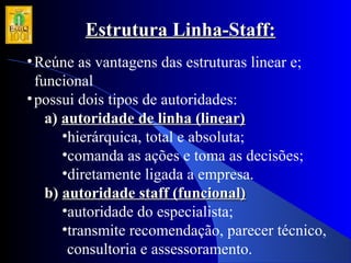 Estrutura Linha-Staff:Estrutura Linha-Staff:
•Reúne as vantagens das estruturas linear e;
funcional
•possui dois tipos de autoridades:
a)a) autoridade de linha (linear)autoridade de linha (linear)
•hierárquica, total e absoluta;
•comanda as ações e toma as decisões;
•diretamente ligada a empresa.
b)b) autoridade staff (funcional)autoridade staff (funcional)
•autoridade do especialista;
•transmite recomendação, parecer técnico,
consultoria e assessoramento.
 
