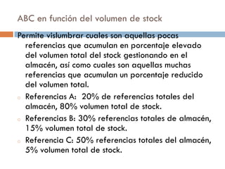 ABC en función del volumen de stock
Permite vislumbrar cuales son aquellas pocas
referencias que acumulan en porcentaje elevado
del volumen total del stock gestionando en el
almacén, así como cuales son aquellas muchas
referencias que acumulan un porcentaje reducido
del volumen total.
o Referencias A: 20% de referencias totales del
almacén, 80% volumen total de stock.
o Referencias B: 30% referencias totales de almacén,
15% volumen total de stock.
o Referencia C: 50% referencias totales del almacén,
5% volumen total de stock.

 