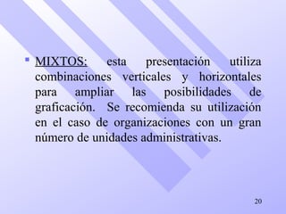  MIXTOS: esta presentación utiliza
combinaciones verticales y horizontales
para ampliar las posibilidades de
graficación. Se recomienda su utilización
en el caso de organizaciones con un gran
número de unidades administrativas.
20
 