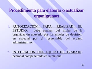 Procedimiento para elaborar o actualizarProcedimiento para elaborar o actualizar
organigramasorganigramas
1. AUTORIZACIÓN PARA REALIZAR EL
ESTUDIO: debe emanar del titular de la
organización apoyado por los niveles de decisión,
en especial por el responsable del órgano
administrativo.
2. INTEGRACION DEL EQUIPO DE TRABAJO:
personal compenetrado en la materia.
27
 