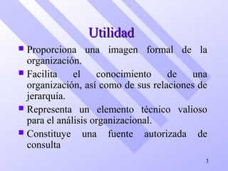 UtilidadUtilidad
 Proporciona una imagen formal de la
organización.
 Facilita el conocimiento de una
organización, así como de sus relaciones de
jerarquía.
 Representa un elemento técnico valioso
para el análisis organizacional.
 Constituye una fuente autorizada de
consulta
3
 