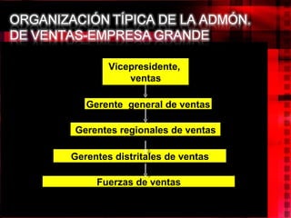 Vicepresidente, ventas Gerente general de ventas Gerentes regionales de ventas Gerentes distritales de ventas Fuerzas de ventas