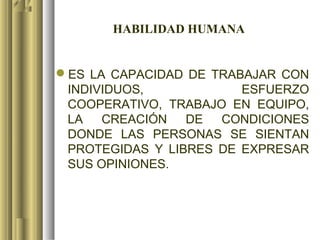 HABILIDAD HUMANA


ES LA CAPACIDAD DE TRABAJAR CON
 INDIVIDUOS,            ESFUERZO
 COOPERATIVO, TRABAJO EN EQUIPO,
 LA   CREACIÓN DE CONDICIONES
 DONDE LAS PERSONAS SE SIENTAN
 PROTEGIDAS Y LIBRES DE EXPRESAR
 SUS OPINIONES.
 