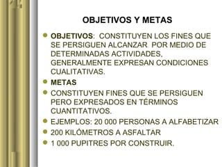 OBJETIVOS Y METAS
 OBJETIVOS: CONSTITUYEN LOS FINES QUE
  SE PERSIGUEN ALCANZAR POR MEDIO DE
  DETERMINADAS ACTIVIDADES,
  GENERALMENTE EXPRESAN CONDICIONES
  CUALITATIVAS.
 METAS
 CONSTITUYEN FINES QUE SE PERSIGUEN
  PERO EXPRESADOS EN TÉRMINOS
  CUANTITATIVOS.
 EJEMPLOS: 20 000 PERSONAS A ALFABETIZAR
 200 KILÓMETROS A ASFALTAR
 1 000 PUPITRES POR CONSTRUIR.
 