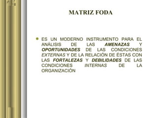 MATRIZ FODA



 ES UN MODERNO INSTRUMENTO PARA EL
  ANÁLISIS   DE     LAS   AMENAZAS     Y
  OPORTUNIDADES DE LAS CONDICIONES
  EXTERNAS Y DE LA RELACIÓN DE ÉSTAS CON
  LAS FORTALEZAS Y DEBILIDADES DE LAS
  CONDICIONES      INTERNAS     DE    LA
  ORGANIZACIÓN
 