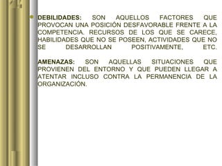 DEBILIDADES:  SON    AQUELLOS    FACTORES    QUE
  PROVOCAN UNA POSICIÓN DESFAVORABLE FRENTE A LA
  COMPETENCIA. RECURSOS DE LOS QUE SE CARECE,
  HABILIDADES QUE NO SE POSEEN, ACTIVIDADES QUE NO
  SE      DESARROLLAN      POSITIVAMENTE,     ETC.

  AMENAZAS:   SON  AQUELLAS  SITUACIONES  QUE
  PROVIENEN DEL ENTORNO Y QUE PUEDEN LLEGAR A
  ATENTAR INCLUSO CONTRA LA PERMANENCIA DE LA
  ORGANIZACIÓN.
 