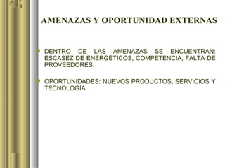 AMENAZAS Y OPORTUNIDAD EXTERNAS


 DENTRO DE LAS AMENAZAS SE ENCUENTRAN:
  ESCASEZ DE ENERGÉTICOS, COMPETENCIA, FALTA DE
  PROVEEDORES.

 OPORTUNIDADES: NUEVOS PRODUCTOS, SERVICIOS Y
  TECNOLOGÍA.
 