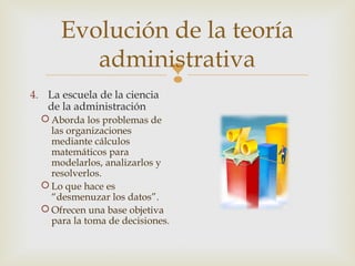 Evolución de la teoría
administrativa



4. La escuela de la ciencia
de la administración
 Aborda los problemas de
las organizaciones
mediante cálculos
matemáticos para
modelarlos, analizarlos y
resolverlos.
 Lo que hace es
“desmenuzar los datos”.
 Ofrecen una base objetiva
para la toma de decisiones.

 