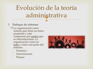 Evolución de la teoría
administrativa



5. Enfoque de sistemas
 La organización como
sistema que tiene un único
propósito y está
compuesto por partes que
se interrelacionan. La
organización como un
todo y como una parte del
entorno.




Dinámica
Interrelaciones
Planear

 