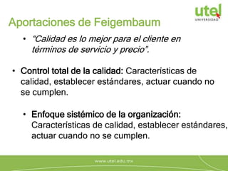 Aportaciones de Feigembaum
• “Calidad es lo mejor para el cliente en
términos de servicio y precio”.
• Control total de la calidad: Características de
calidad, establecer estándares, actuar cuando no
se cumplen.
• Enfoque sistémico de la organización:
Características de calidad, establecer estándares,
actuar cuando no se cumplen.
 