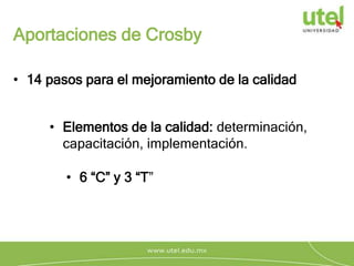 Aportaciones de Crosby
• 14 pasos para el mejoramiento de la calidad
• Elementos de la calidad: determinación,
capacitación, implementación.
• 6 “C” y 3 “T”
 