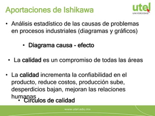 Aportaciones de Ishikawa
• Análisis estadístico de las causas de problemas
en procesos industriales (diagramas y gráficos)
• Diagrama causa - efecto
• La calidad es un compromiso de todas las áreas
• La calidad incrementa la confiabilidad en el
producto, reduce costos, producción sube,
desperdicios bajan, mejoran las relaciones
humanas
• Círculos de calidad
 