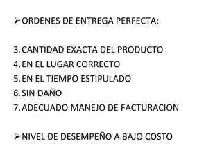 ORDENES DE ENTREGA PERFECTA: CANTIDAD EXACTA DEL PRODUCTO EN EL LUGAR CORRECTO EN EL TIEMPO ESTIPULADO SIN DAÑO ADECUADO MANEJO DE FACTURACION NIVEL DE DESEMPEÑO A BAJO COSTO 