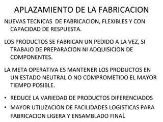 APLAZAMIENTO DE LA FABRICACION NUEVAS TECNICAS  DE FABRICACION, FLEXIBLES Y CON CAPACIDAD DE RESPUESTA. LOS PRODUCTOS SE FABRICAN UN PEDIDO A LA VEZ, SI TRABAJO DE PREPARACION NI ADQUISICION DE COMPONENTES. LA META OPERATIVA ES MANTENER LOS PRODUCTOS EN UN ESTADO NEUTRAL O NO COMPROMETIDO EL MAYOR TIEMPO POSIBLE. REDUCE LA VARIEDAD DE PRODUCTOS DIFERENCIADOS MAYOR UTILIZACION DE FACILIDADES LOGISTICAS PARA FABRICACION LIGERA Y ENSAMBLADO FINA L 